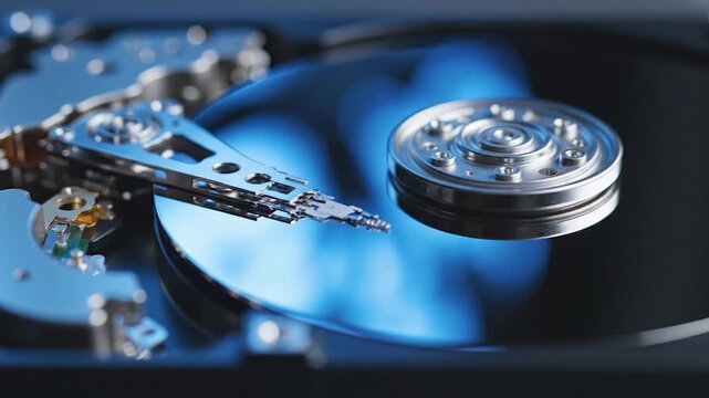 Close-up view of an open hard disk drive with spinning platters and read/write