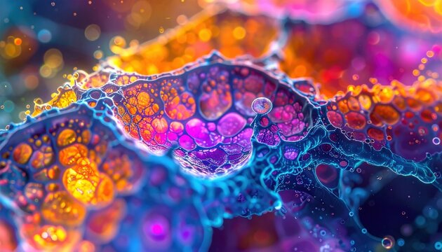 FlyPro Firefly Microscope slide showcasing magnified cellular structures stained with vibrant dyes, captured in high-resolution photographic style, depicting intricate biological detail.