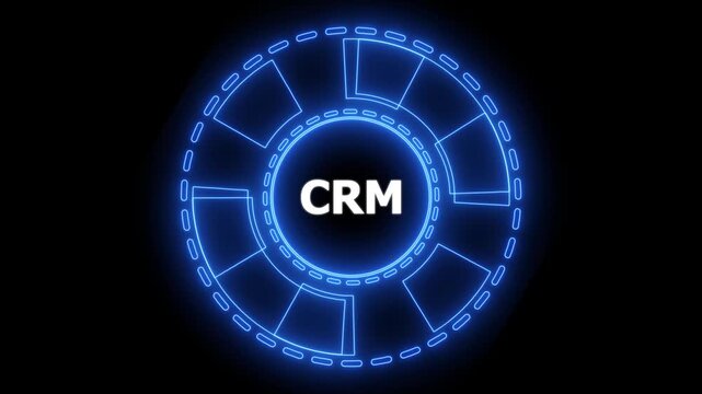 Internet, business, Technology and network concept.CRM Customer Relationship Management. Glowing blue neon line circle animation.4k animation motion graphics video.