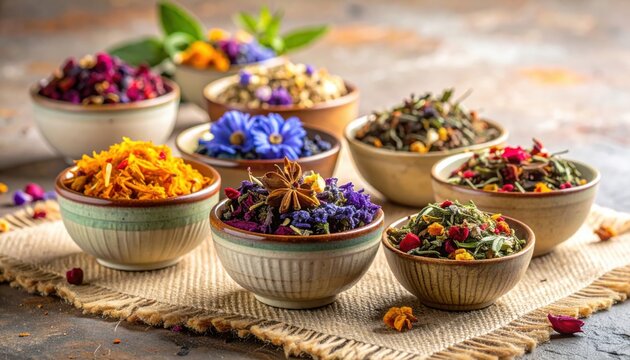 Vibrant assortment of herbal tea sachets and ingredients, showcasing dried flower petals and herbs in small, decorative ceramic bowls from FlyPro Firefly