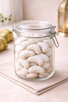 Indonesian putri salju powdered sugar cookies in festive Eid setting, traditional sweet treat for Ramadan and Lebaran celebration. Perfect for holiday banner, bakery promotion, menu, and packaging.