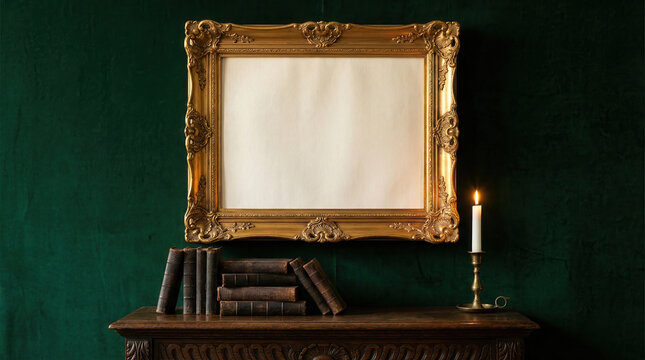 Blank ornate gold vintage frame mockup on dark emerald green wall