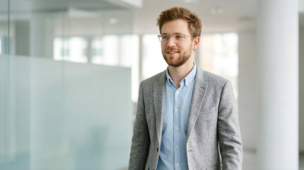 Fototapeta premium Smiling young businessman with a beard and glasses walking confidently through a bright, modern office hallway with blurred glass partitions.