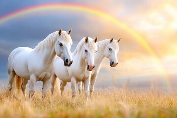 Obraz premium Majestic unicorn trio under a magical forest rainbow