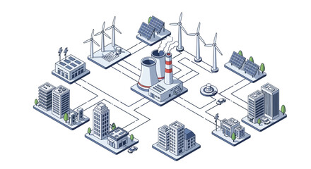 Isometric illustration of a sustainable city with renewable energy sources and industrial facilities.