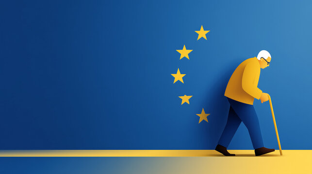 Elderly Man's Journey in Europe: An elderly man walks in front of the European Union flag, symbolizing a journey of maturity and experiences. Reflecting themes of retirement, aging.