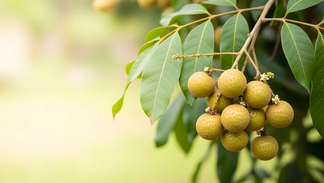 Bunch of ripe longan fruits hanging from leafy branch against soft green blurred backdrop