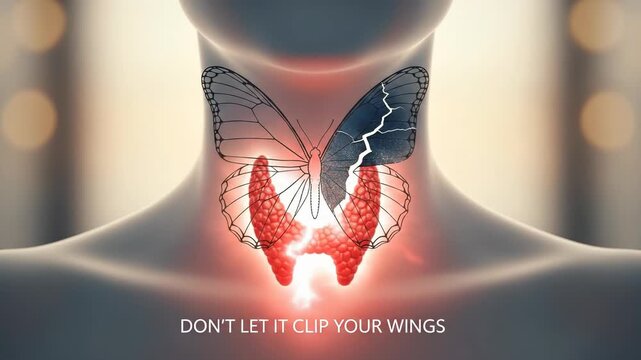 Thyroid illness awareness, hormonal imbalance impact, conceptualized as a butterfly with damaged wings in the human throat, highlighting wellness and medical support