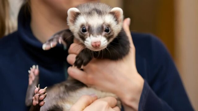 Woman holding a domestic ferret. Close up of cute domestic animal with dark fur. Pet care and companionship.
