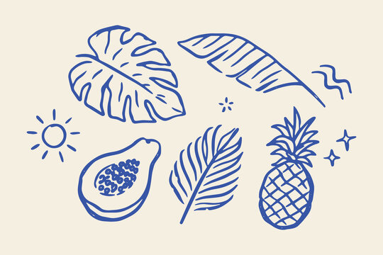 Tropical leaves and fruits naive doodle vector illustration