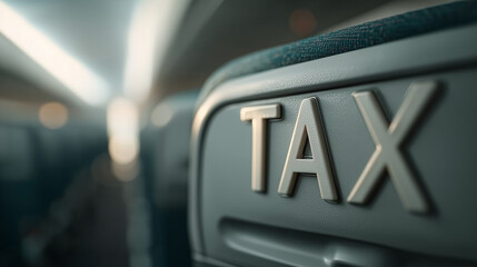 Tax Sign Inside the Transportation: Close-up on a TAX sign prominently displayed within a transportation vehicle, inviting contemplation of fiscal policies, financial management.