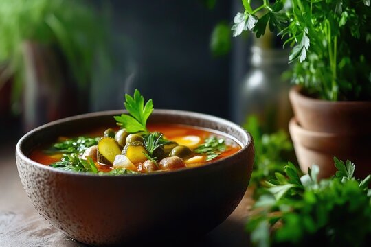 Vibrant bowl of solyanka soup with sausage, olives, rice, and pickle garnish