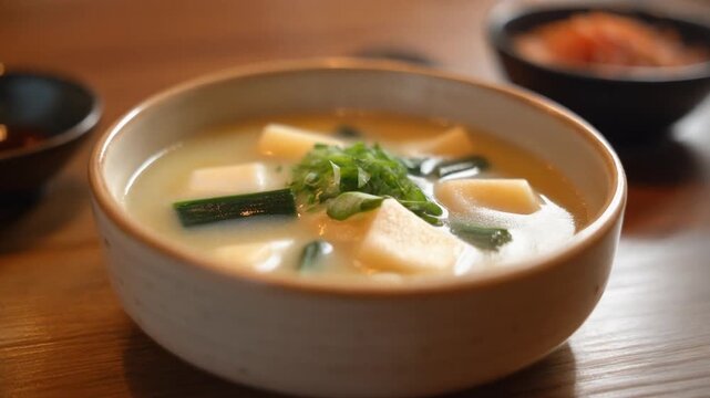 Delicious bowl of hot miso soup with tofu and green onions, a comforting Japanese dish