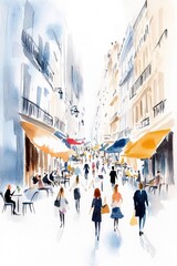 Obraz premium Vibrant watercolor scene of a bustling parisian street with people and cafes