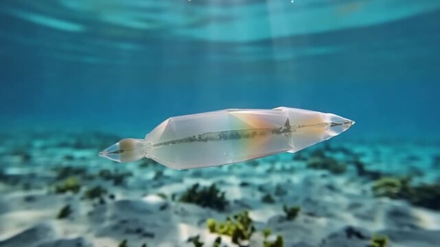 Underwater robotic squid exploring coral reef biome in clear turquoise ocean water near sandy seabed