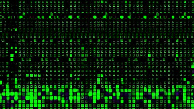 Abstract digital data visualization with green pixelated patterns. Represents technology, data analysis, and digital communication in modern environments