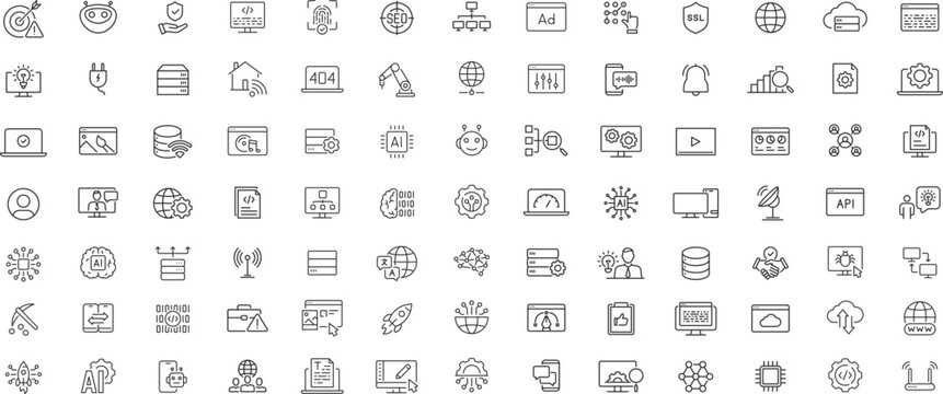 Outline Information technology thin line icons set. technology and business line icons, Containing 5g, ai, robotics, iot, biometric, geolocation, cloud computing and automation icon.