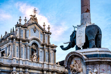 Cathedral Of Sant Agata And Elephant Fountain In Catania