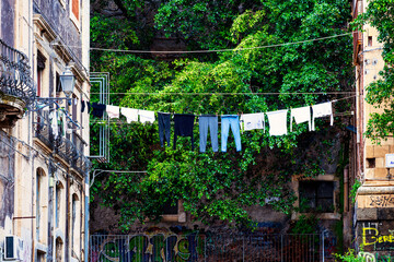Laundry Line Strung Between Buildings