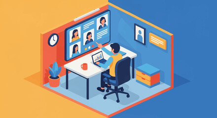 Obraz premium Isometric illustration of a person working from home on a video conference.