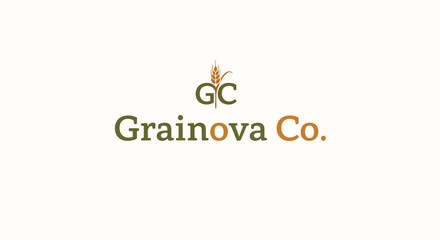 Agricultural and food company logo for Grainova Co. with a stylized wheat stalk, isolated white background.