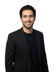 A smiling young businessman in a black suit jacket and dark blue t-shirt, posing confidently against a white background.
