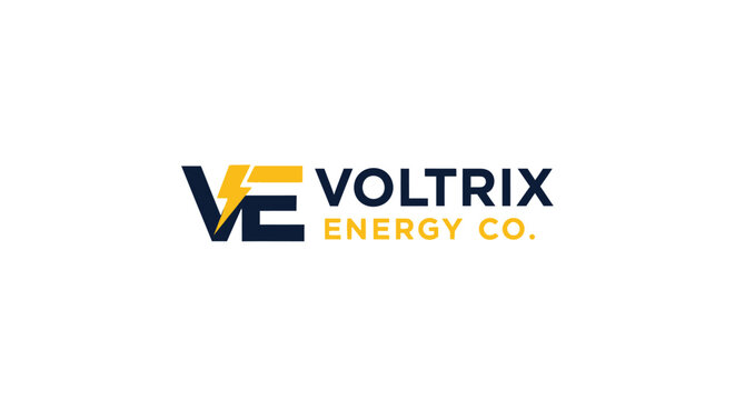 Dynamic blue and yellow VE monogram logo with a lightning bolt symbol, representing power and energy on isolated white background.