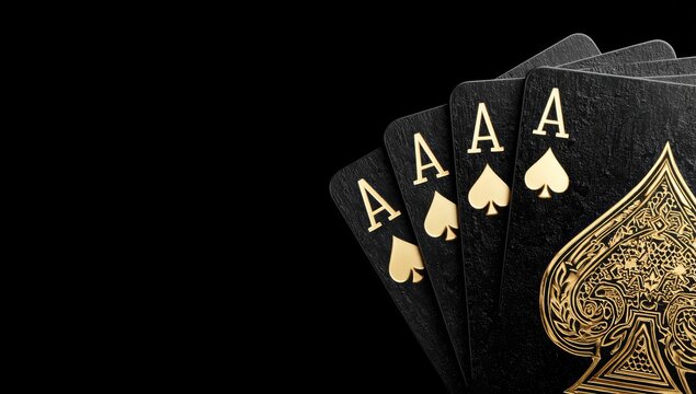 Close-up of four playing cards, each showing an Ace, against a solid black background