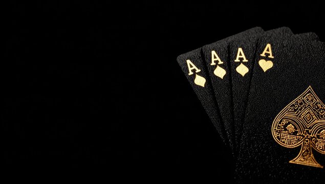Close-up of four black playing cards displaying aces, set against a dark background