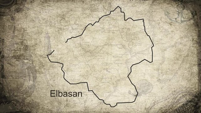Elbasan County Albania map drawn on a cartography background sheet of paper