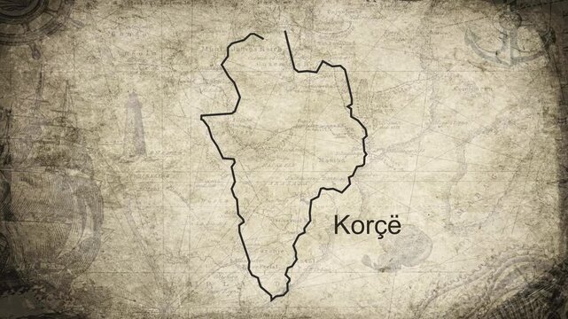 Korce County Albania map drawn on a cartography background sheet of paper