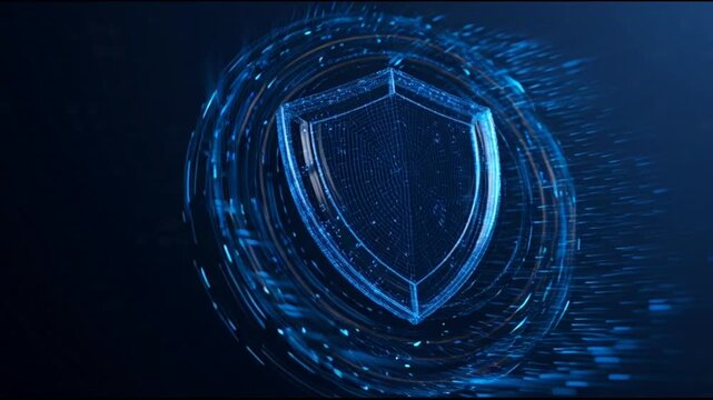 A blue shield icon surrounded by concentric circles and digital particles on a dark background, representing data privacy and security on Data Privacy Day with a futuristic and