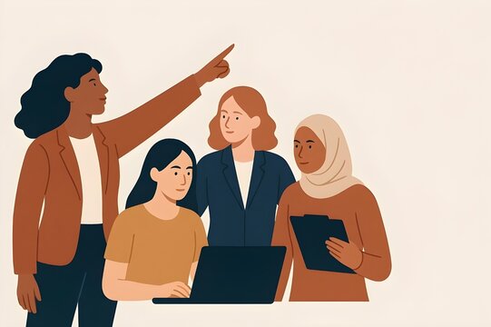 Flat Illustration of a Female Leader Pointing the Way to Her Diverse Team of Women in a Collaborative Work Environment, international women's day