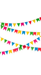 Fototapeta premium Colorful Party Bunting Flags String Decoration on White Background, Festive Celebration Event Banner