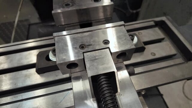 Orbit shot of a CNC machine vise, showing detailed metal surface and precision engineering in a workshop environment.