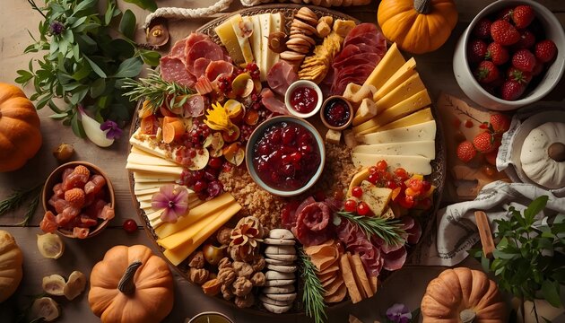 A vibrant mixed platter filled with an assortment of cured meats, artisanal cheeses, fresh garnishes, and a small bowl of rich cranberry sauce, placed on a rustic wooden table, surrounded by warm eart