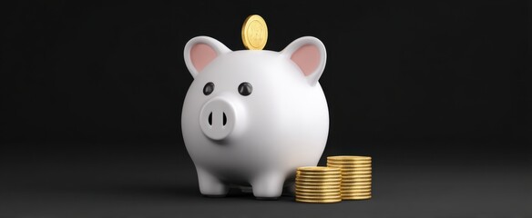 Joyful ceramic piggy bank gobbling up a gold coin like a treasure-hungry dragon for budgeting.