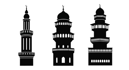 Three islamic mosque minarets stand prominently in stark silhouette © Jesmin