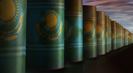 Kazakhstan oil crude petroleum fuel barrels in row