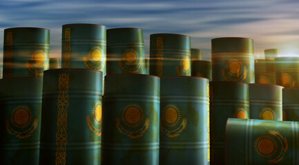 Kazakhstan oil crude petroleum fuel barrels in row