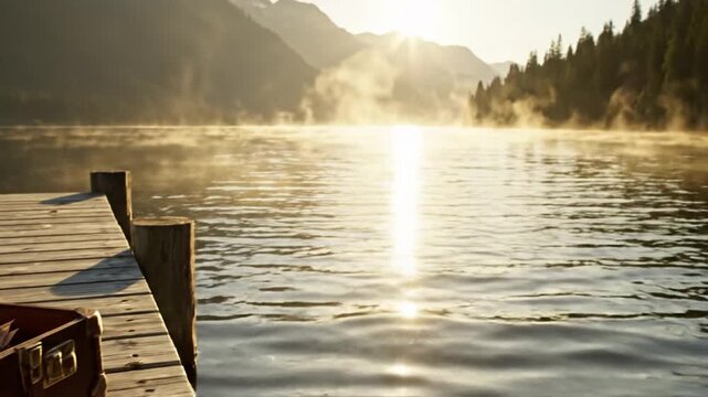Worn leather suitcase opened on sunlit dock revealing aged maps and a smooth stone