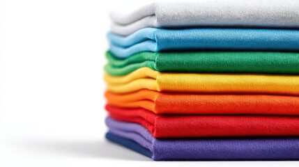 wide panorama row of many fresh new fabric cotton t-shirts in colorful rainbow colors isolated. Pile of various colored shirts white background.