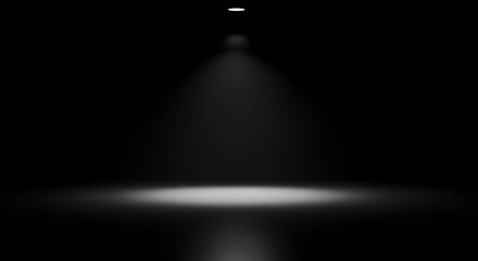 Minimalist dark studio room with a sharp overhead spotlight for mysterious luxury product placement and sophisticated architectural brand displays