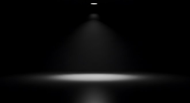Minimalist dark studio room with a sharp overhead spotlight for mysterious luxury product placement and sophisticated architectural brand displays