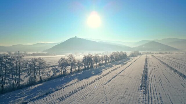 A serene winter landscape with snow-covered fields, leafless trees, and distant mountains under a bright sun, capturing the cold beauty and tranquility of a frozen world.