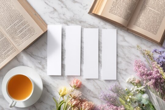 Minimal Easter mockup with four blank vertical bookmarks on marble background, open book, pastel spring flowers and tea cup, elegant flat lay, bright natural light, clean copyspace