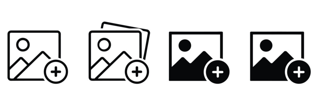 Add image icon, add picture icon, add photo icon, attach new image or picture symbols, edit album and gallery icons, editable vector illustrations, flat and line style