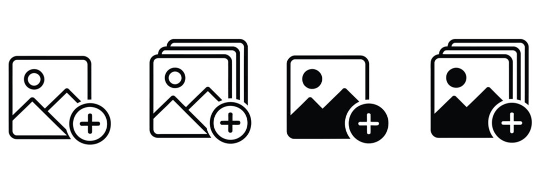 Add photo and picture icon set, attach new image symbols, edit album and gallery illustrations, upload and insert media icons, editable vector set