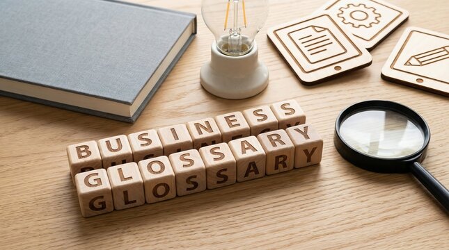 Wooden cubes spelling 'Business Glossary' on desk