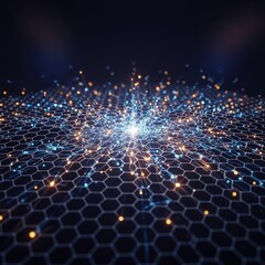 Fototapeta premium Glowing data burst spreading across a dark hexagonal network grid